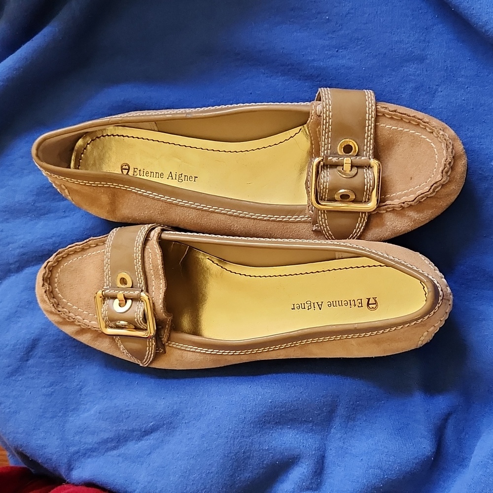 Tan Suede Loafers with decorative belt buckle strap